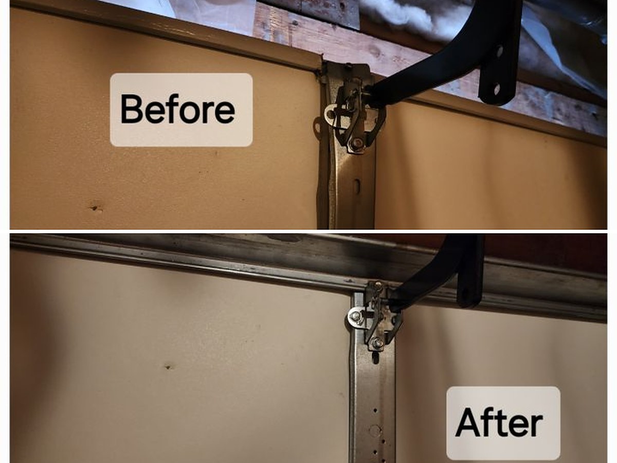 Before and after views of a garage door top section at the operator arm bracket, first pulled away from the panel and then re-seated and re-anchored